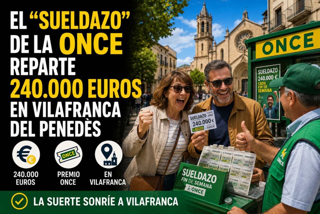 Vendedor de la ONCE entrega un cupón premiado del Sueldazo de 240.000 euros en Vilafranca del Penedès