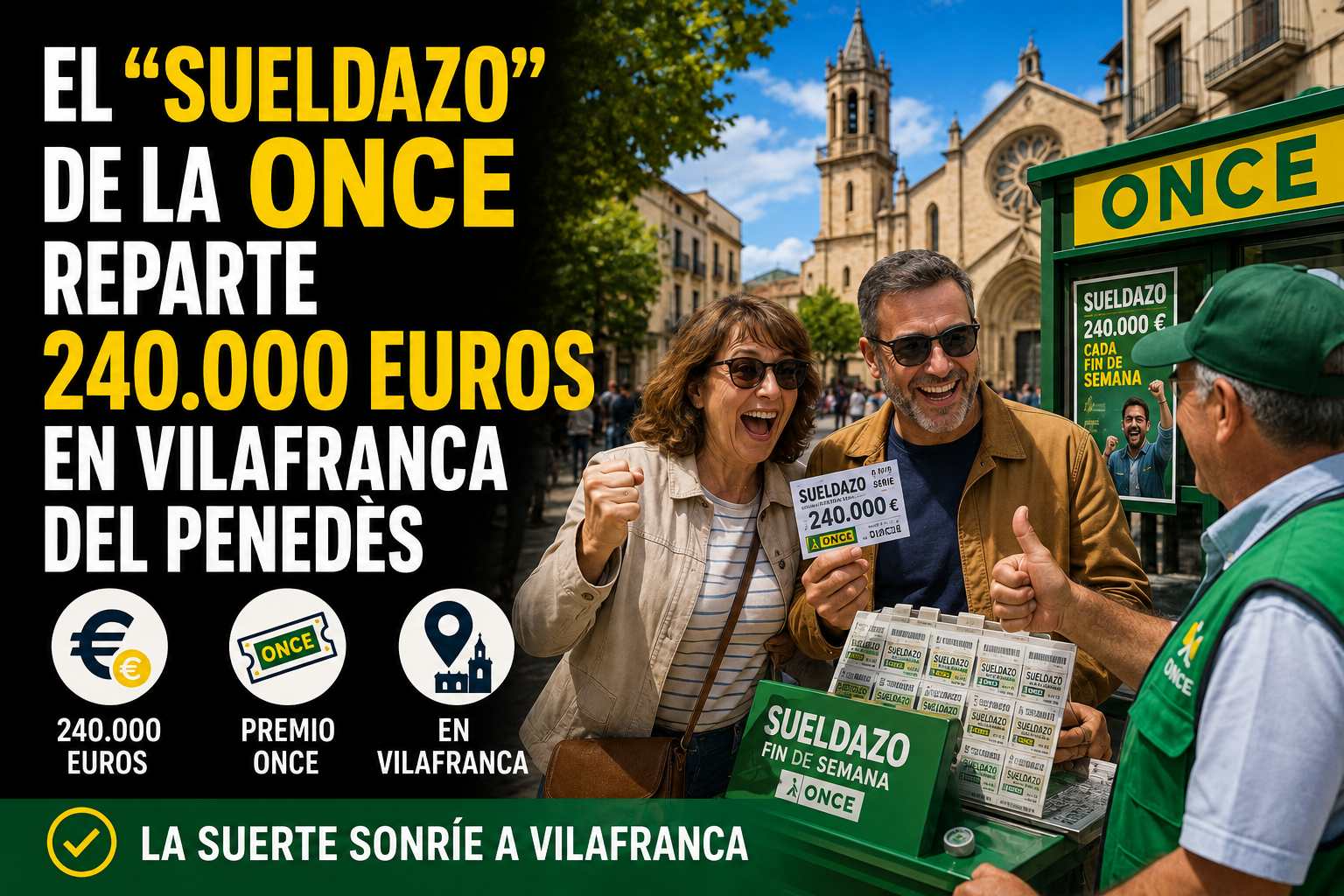 Vendedor de la ONCE entrega un cupón premiado del Sueldazo de 240.000 euros en Vilafranca del Penedès
