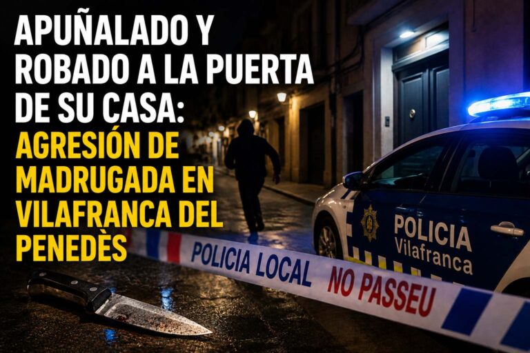 Escena nocturna con coche de la Policía Local y cinta policial tras una agresión y robo en Vilafranca del Penedès