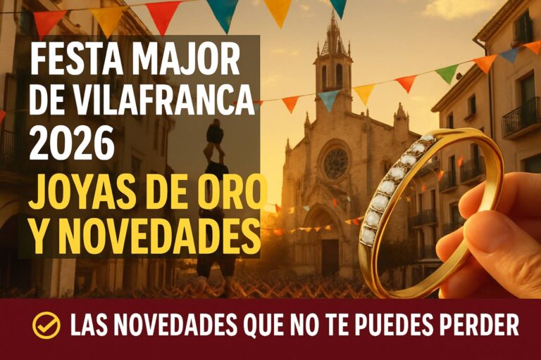 Mano sosteniendo una pulsera de oro con diamantes ante la Basilica de Santa Maria durante la Festa Major de Vilafranca del Penedes, con castellers y banderines