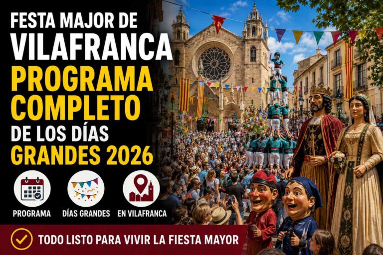 Castellers y gegants en la Festa Major de Vilafranca del Penedès frente a la Basílica de Santa Maria