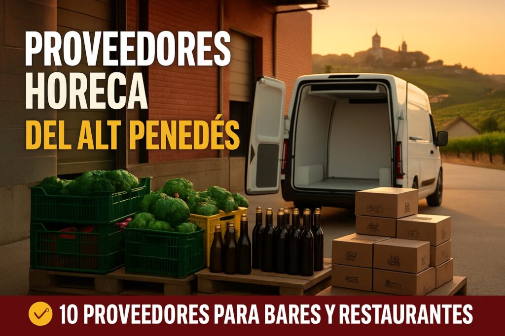 Furgoneta de reparto cargando cajas de fruta, verdura y botellas para distribucion HORECA en el Alt Penedes, con vinedos al fondo