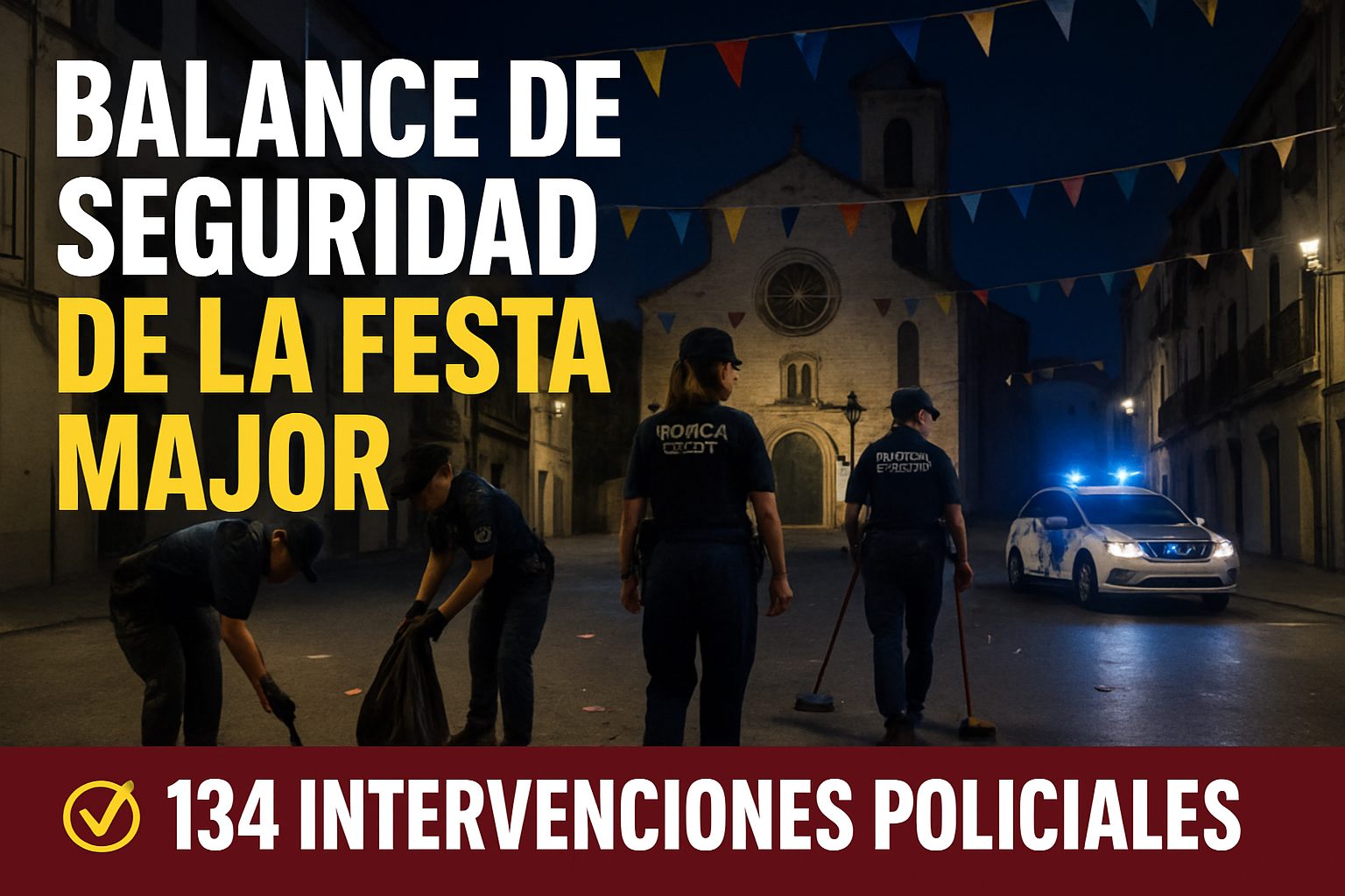 Agentes de la Policia Local limpiando la plaza junto a un coche patrulla con luces encendidas frente a la Basilica de Vilafranca del Penedes tras la Festa Major