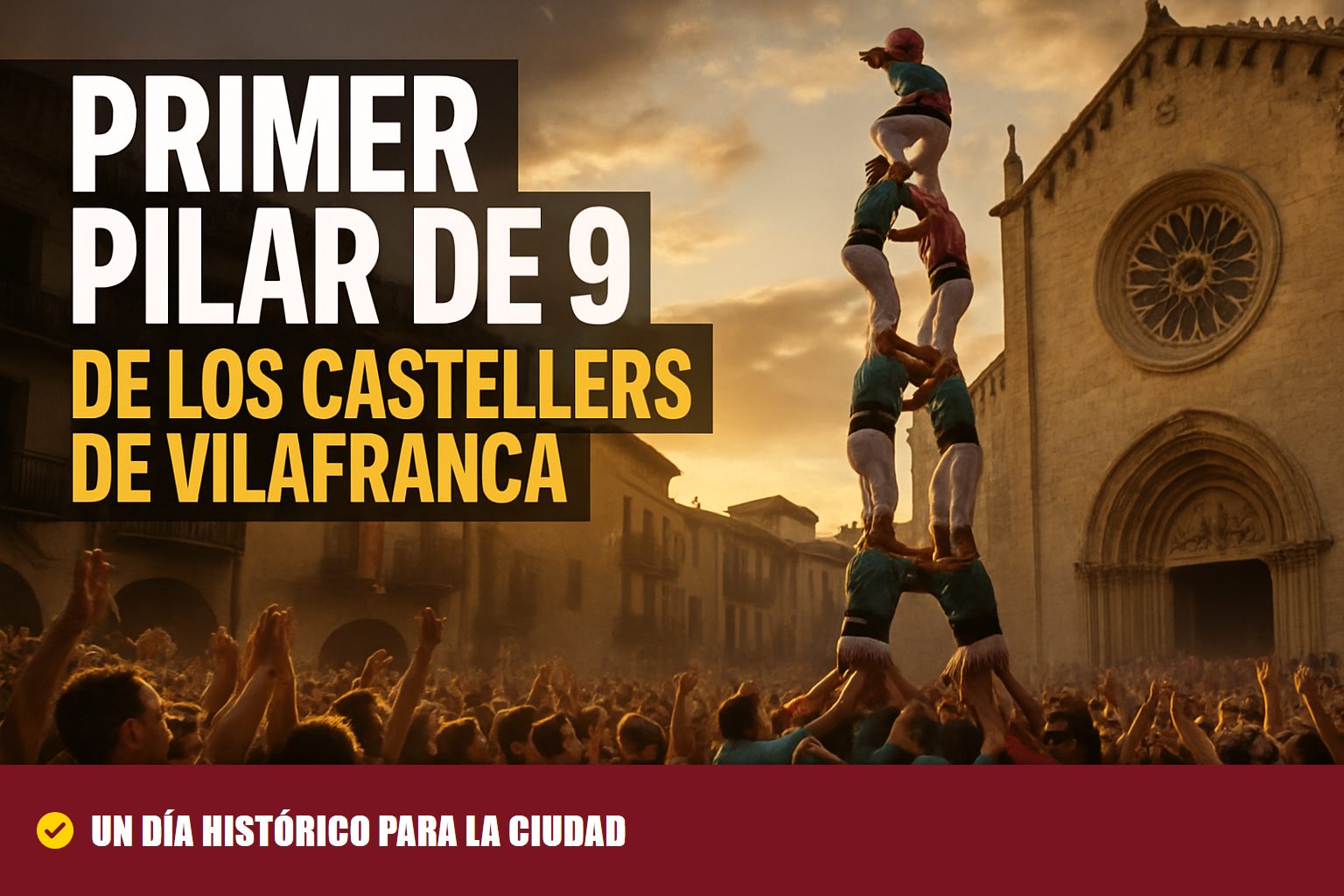 Castellers de Vilafranca construyendo el primer pilar de 9 amb folre, manilles i puntals ante la Basilica de Santa Maria durante la diada de Sant Felix 2026