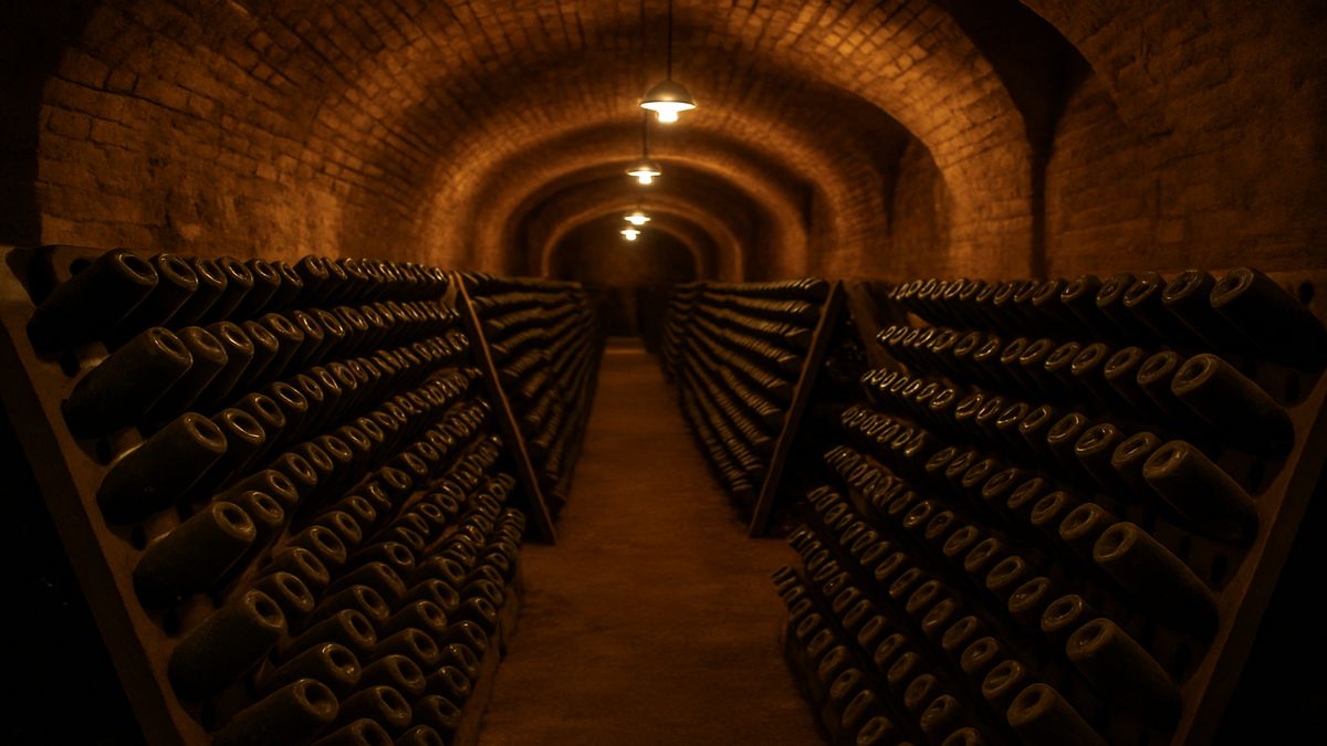 Interior de una bodega subterránea de cava, con botellas envejeciendo en rima bajo luz cálida