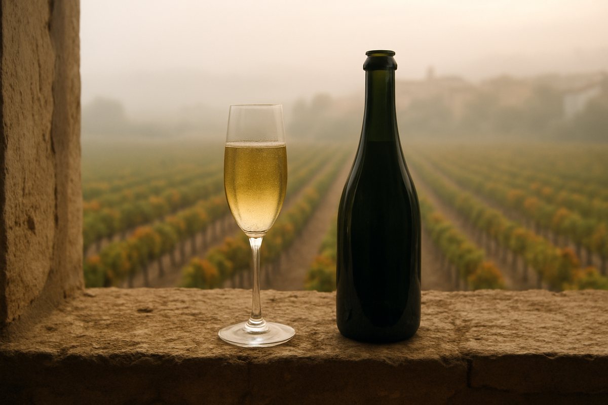 Copa y botella de espumoso sobre un alféizar de piedra frente a viñedos en una mañana de niebla, símbolo del cambio de etapa del Cavatast