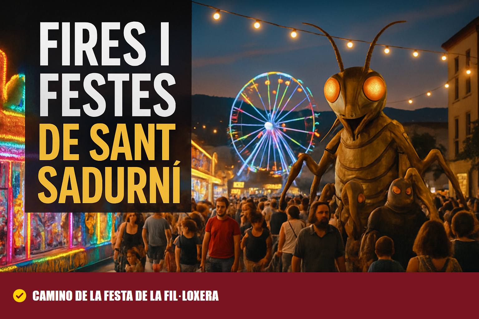 Feria de atracciones nocturna con noria iluminada y figura gigante de filoxera en las Fires i Festes de Sant Sadurni d Anoia