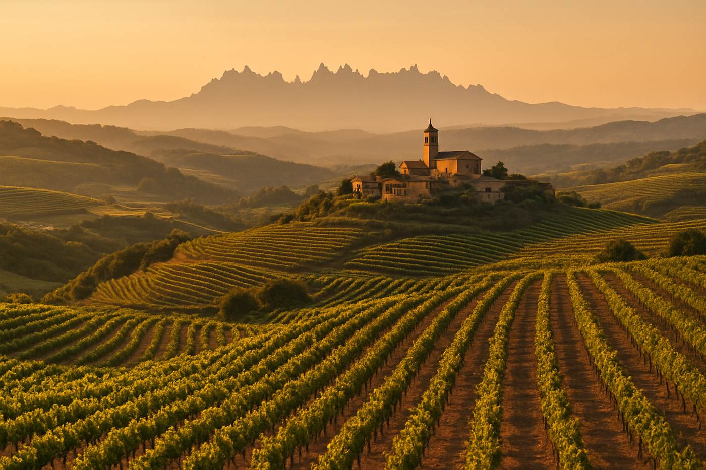 Viñedos del Penedès al atardecer, con un pueblo con campanario y la sierra de Montserrat al fondo