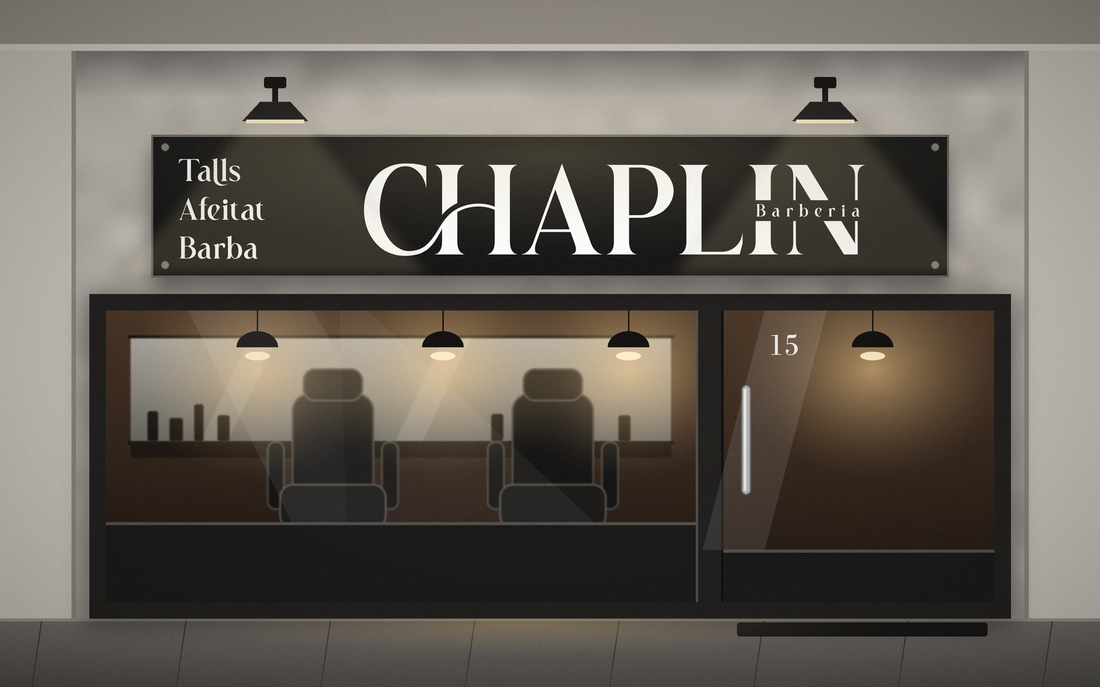 Recreación ilustrada de la fachada de Barberia Chaplin, con el rótulo «Chaplin Barberia», en Sant Sadurní d’Anoia