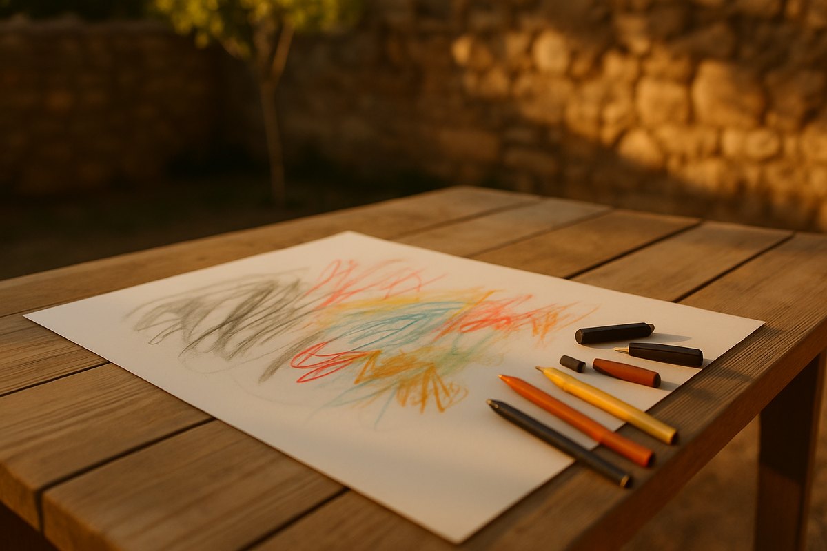Un full de paper blanc sobre una taula de fusta, amb traços de carbonet i llapis de colors i diverses barres de pastel al costat, a la tarda
