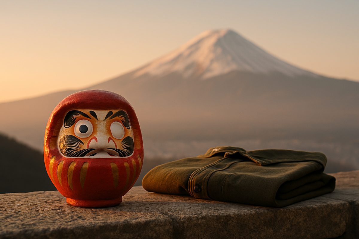 Un daruma rojo con un ojo pintado junto a una camisa verde doblada sobre un muro de piedra, con el monte Fuji nevado al fondo al amanecer