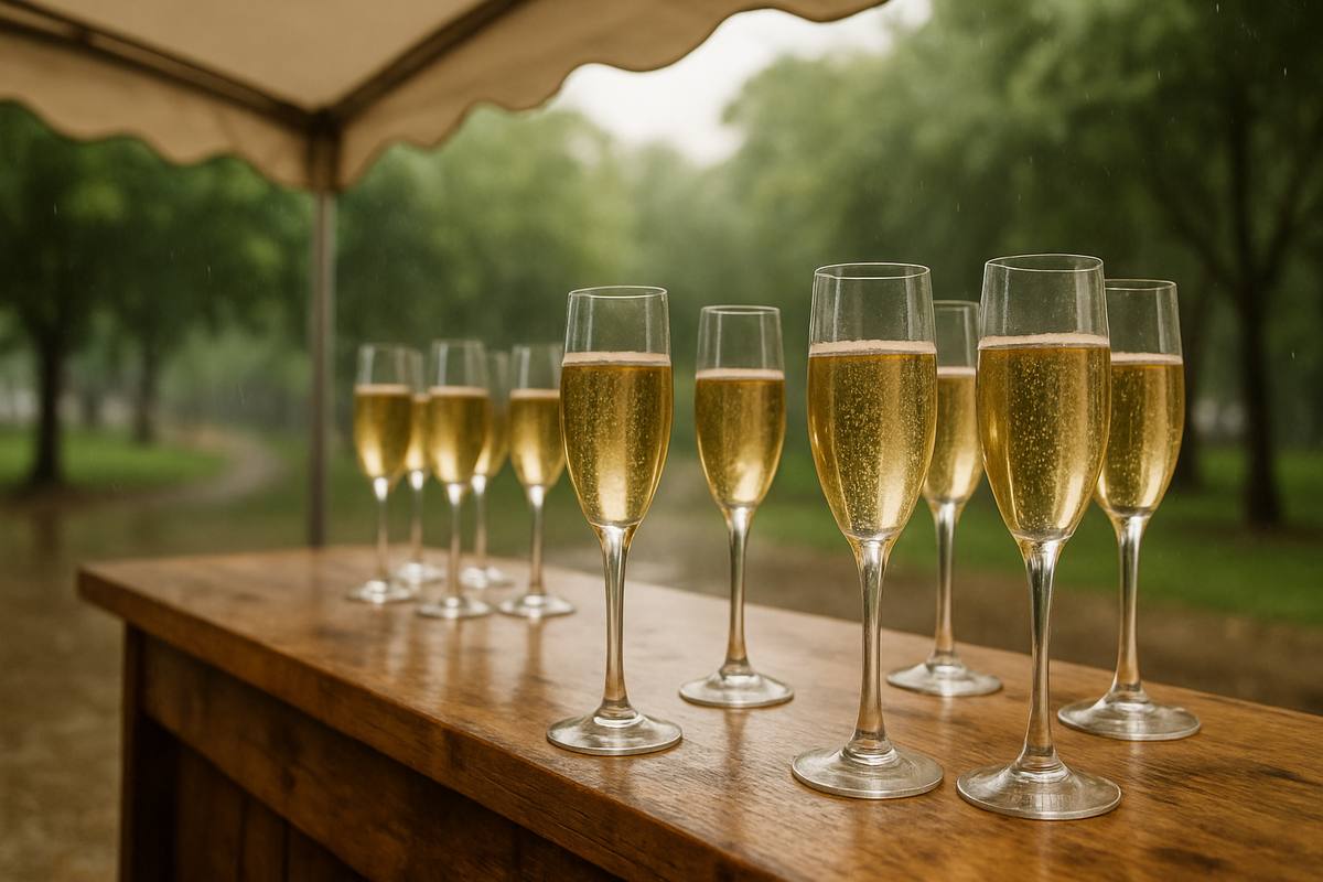 Copas de cava sobre una barra de madera bajo una carpa, con lluvia fina y un parque verde al fondo