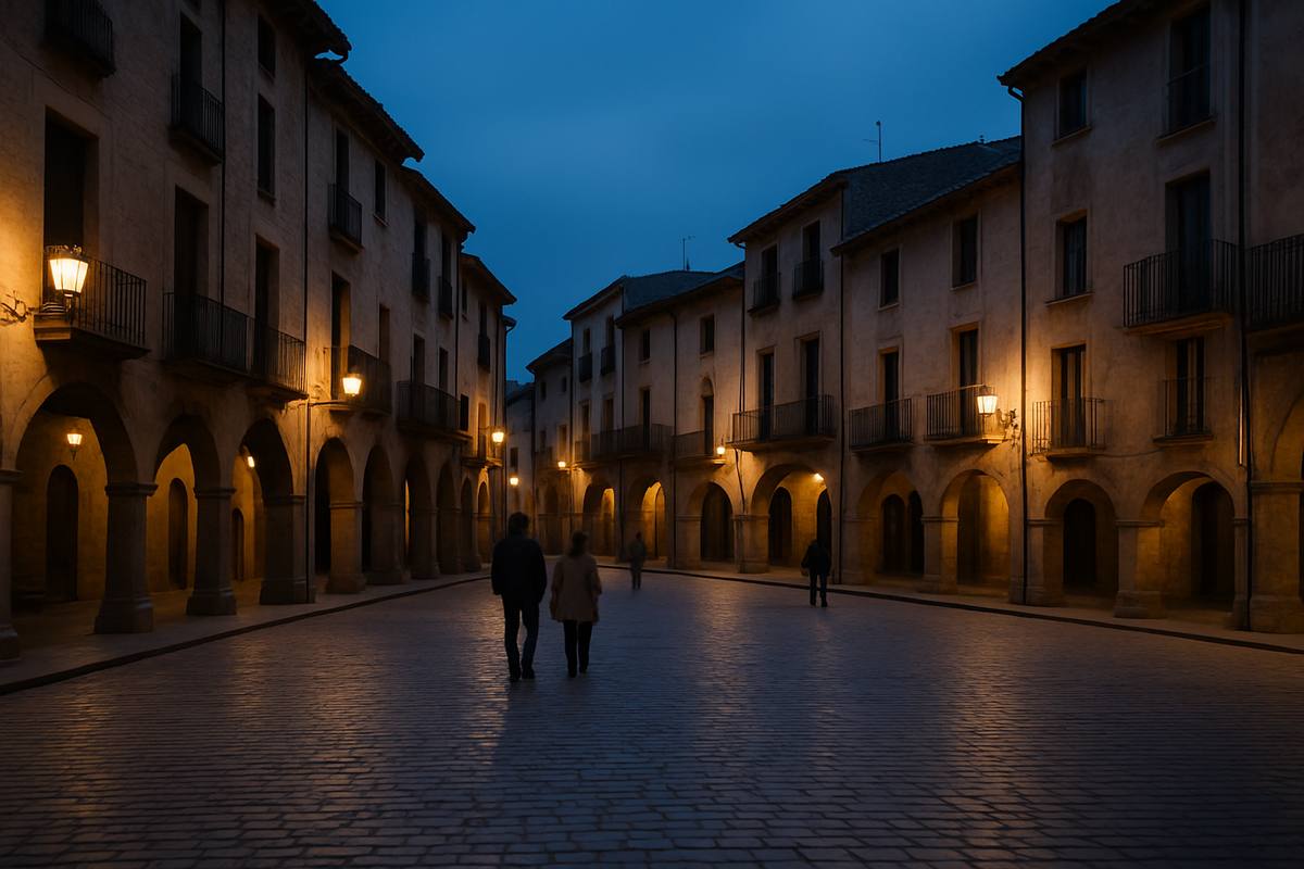 Plaza porticada de una ciudad catalana al anochecer, con farolas encendidas y dos personas paseando con tranquilidad