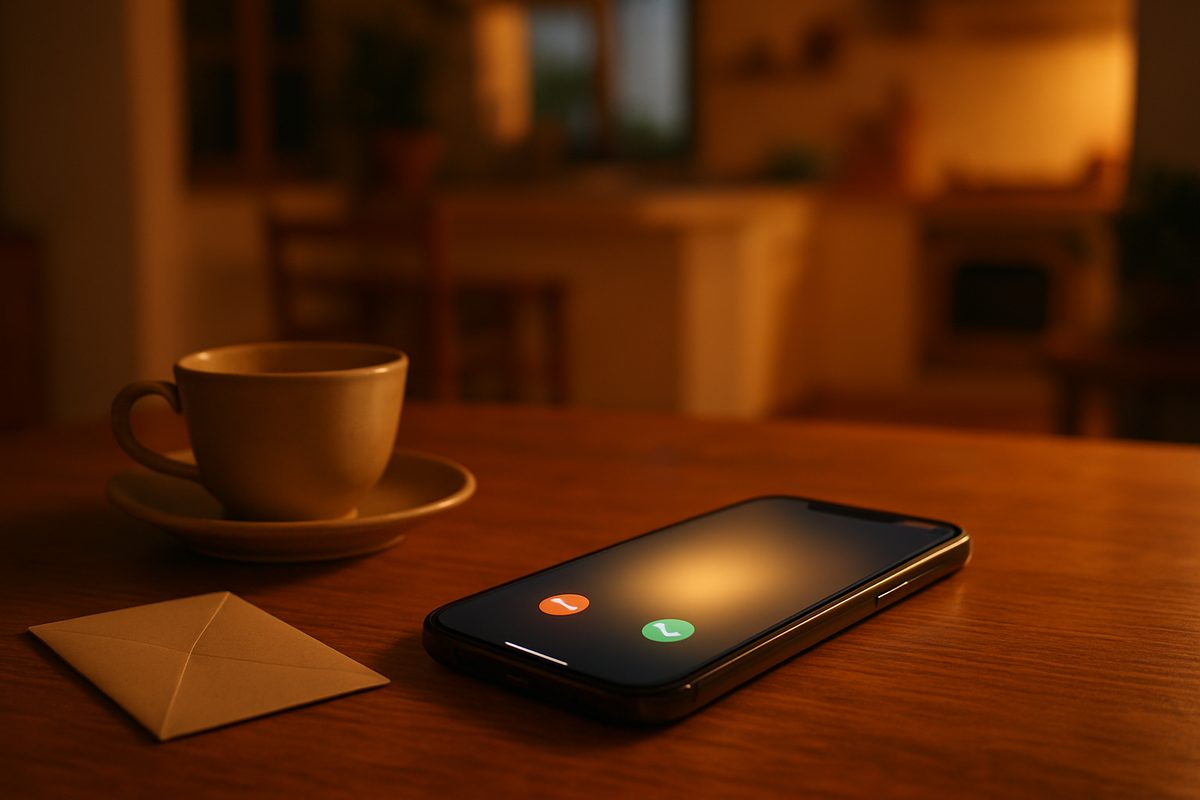 Un telèfon mòbil sobre una taula de fusta amb una trucada entrant a la pantalla, al costat d'una tassa de cafè i un sobre tancat, amb llum càlida de vespre