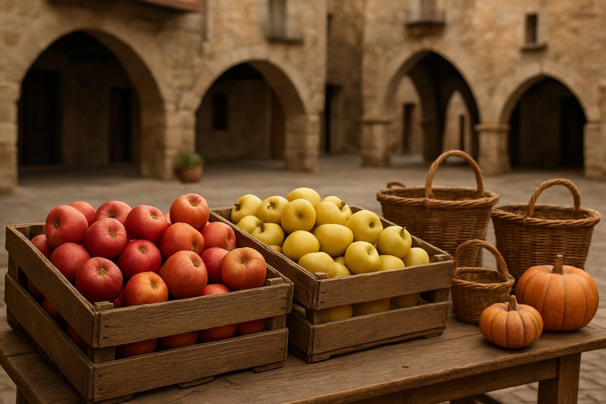 Caixes de fusta amb pomes vermelles i grogues, cistells de vímet i carbasses en una parada de mercat de tardor, en una plaça de pedra amb arcs
