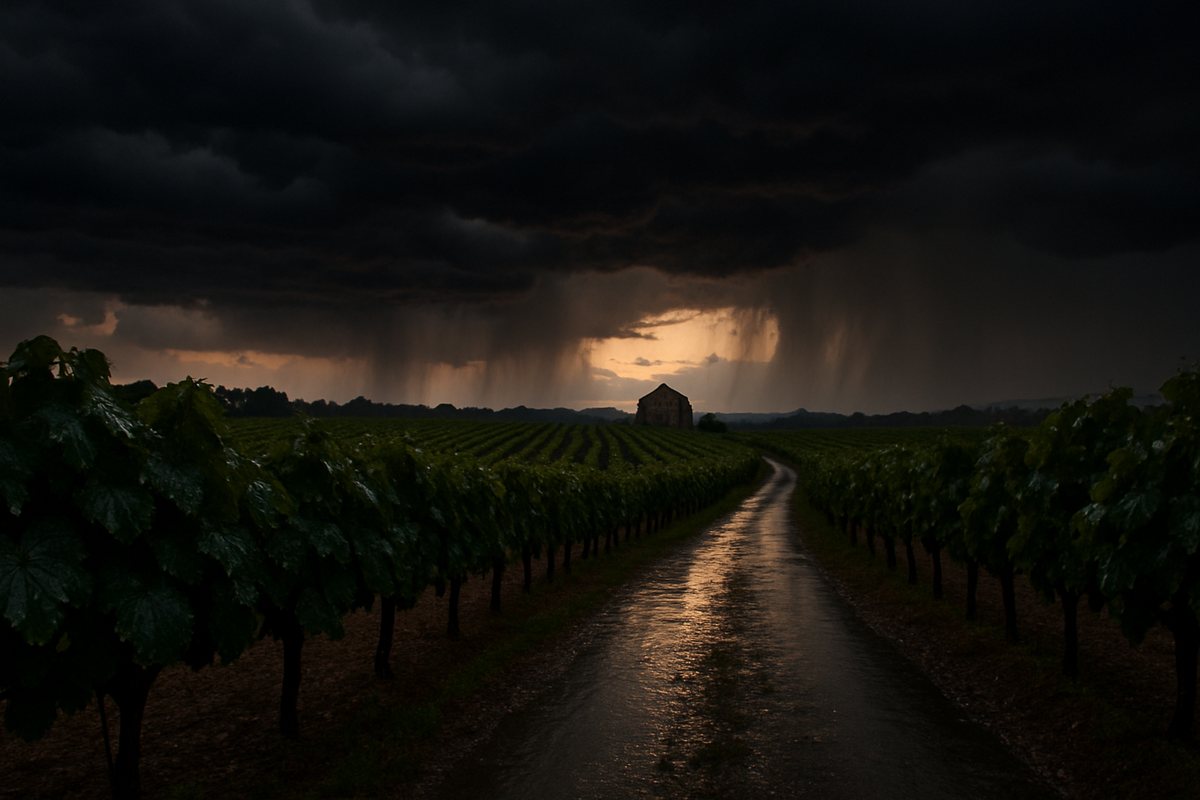 Un camí mullat entre vinyes sota un cel de tempesta, amb cortines de pluja a l'horitzó i una masia al fons