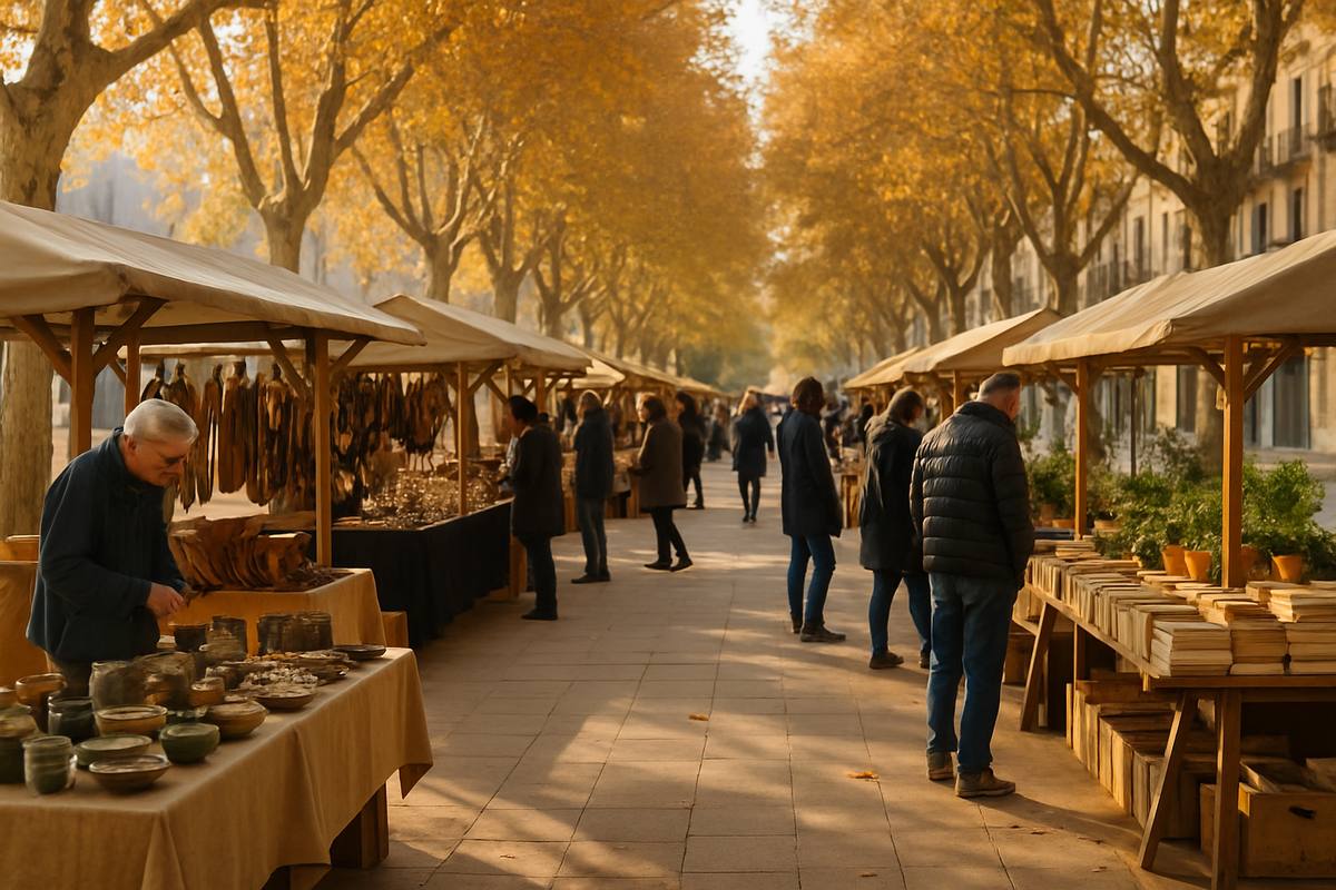 Puestos de madera de un mercado de artesanía bajo árboles otoñales, con visitantes mirando cerámica, libros y plantas
