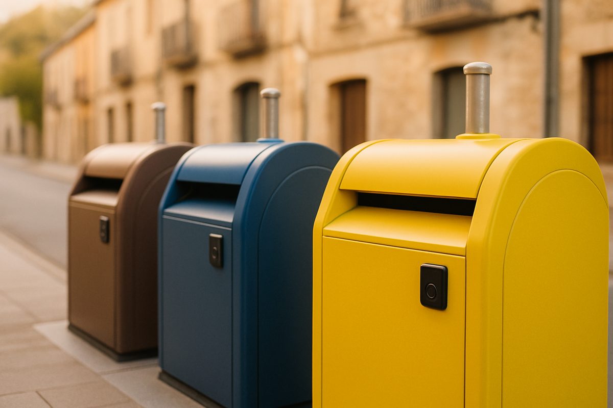 Tres contenedores de recogida selectiva —marrón, azul y amarillo— con lector electrónico de llave, en una calle de un pueblo catalán con fachadas de piedra al fondo