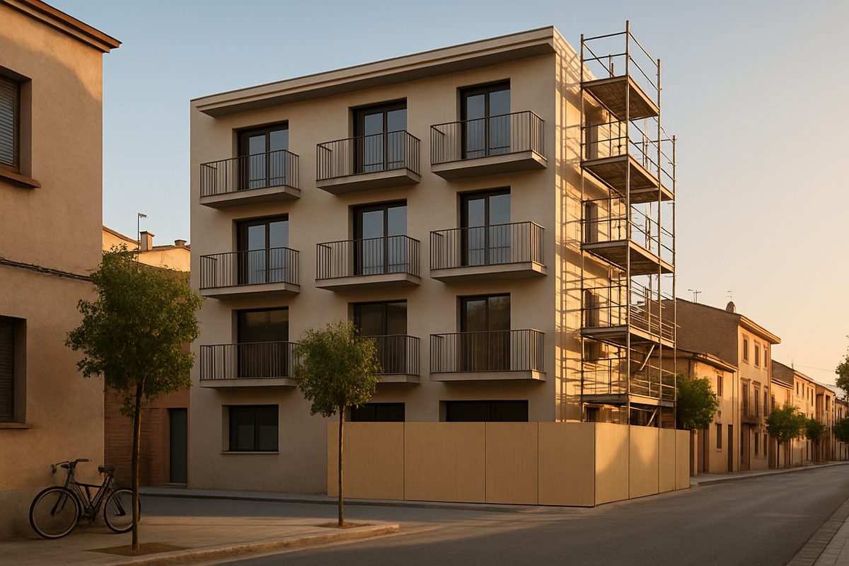 Edifici modern de quatre plantes amb balcons i bastides lleugeres en un carrer tranquil d'una localitat catalana, amb bicicletes aparcades al costat de la paret a la llum daurada de la tarda