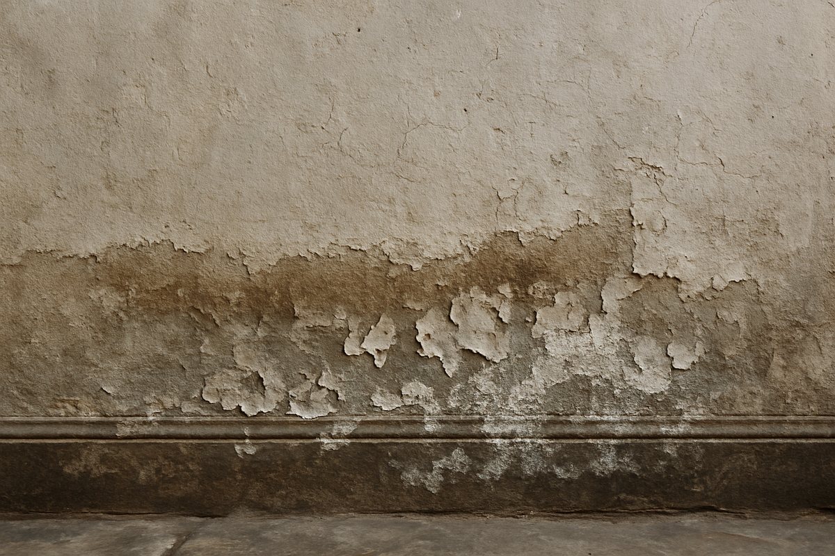 Part baixa d'una paret antiga amb taques d'humitat, pintura aixecada i sals blanques a tocar del sòcol