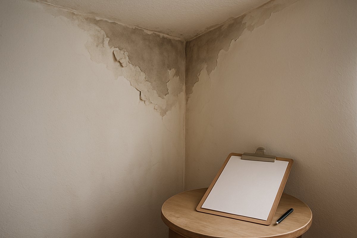 Esquina de una pared interior con una mancha de humedad en el techo, junto a un portapapeles y un bolígrafo sobre una mesa pequeña