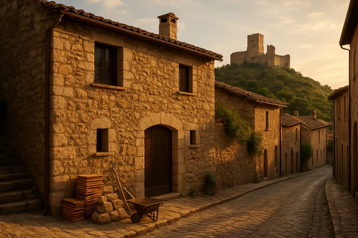 Casa de pedra en un carrer en pendent amb un castell al fons, i materials d'obra al costat de la porta