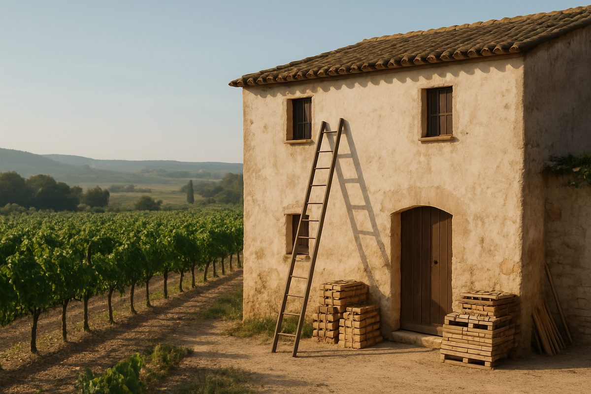 Casa de camp amb una escala recolzada a la façana i materials d'obra ordenats, entre vinyes