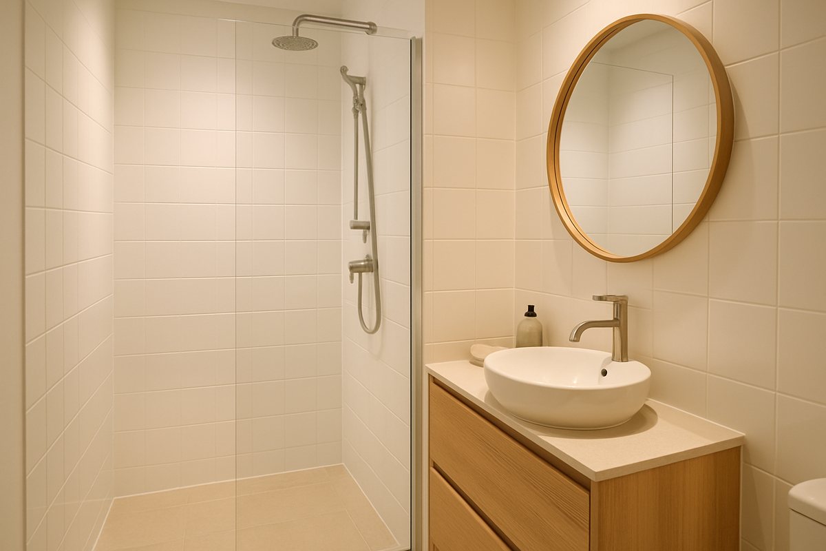 Baño renovado con plato de ducha a ras de suelo, mampara de cristal, mueble de lavabo claro y azulejos blancos