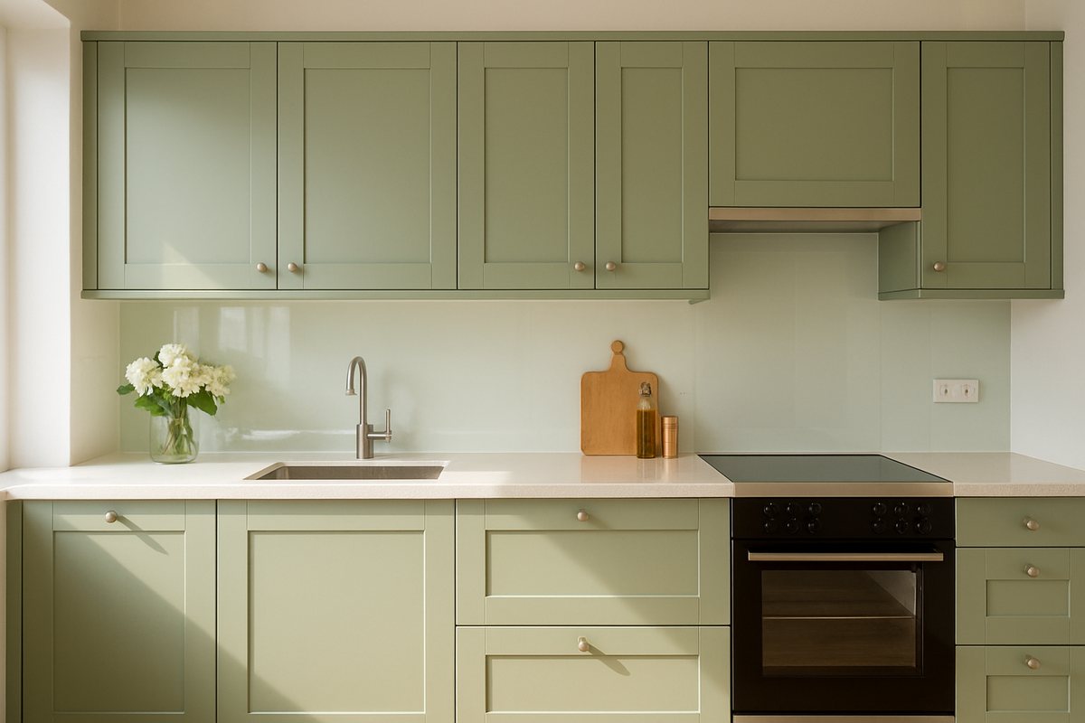 Cocina luminosa recién renovada con frentes lisos de color claro, encimera nueva y salpicadero de cristal
