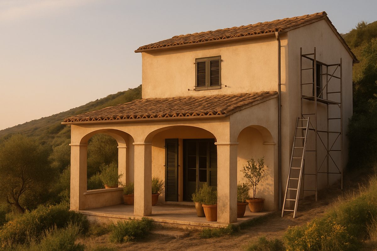 Casa mediterrània amb porxo i jardí en un vessant, amb bastides lleugeres i una escala al costat de la façana